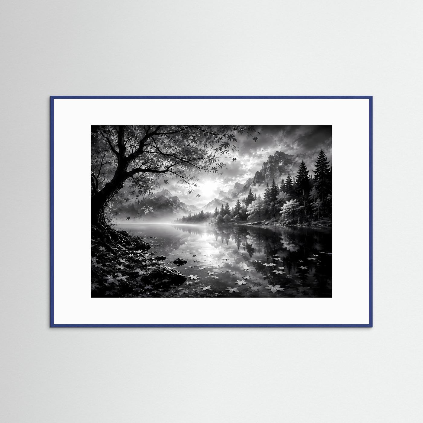 Schwarz Weiß Landschaft Poster | Bergsee Wandbild | Nebel Berge Natur | Monochrome Wandkunst | Moderner Fine Art Print