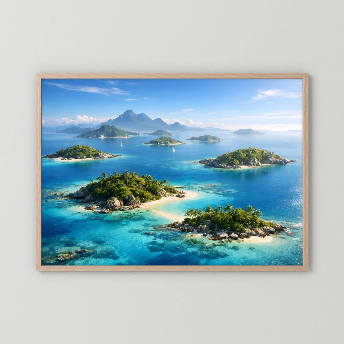 Querformat-Poster im hellen Holzrahmen: tropische Inseln im türkisblauen Meer