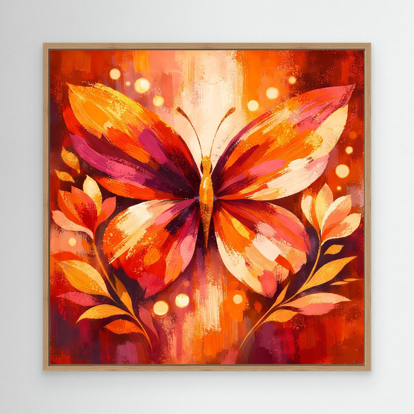 Leinwandbild mit leuchtendem Schmetterling in Orange und Pink, Eichenrahmen.