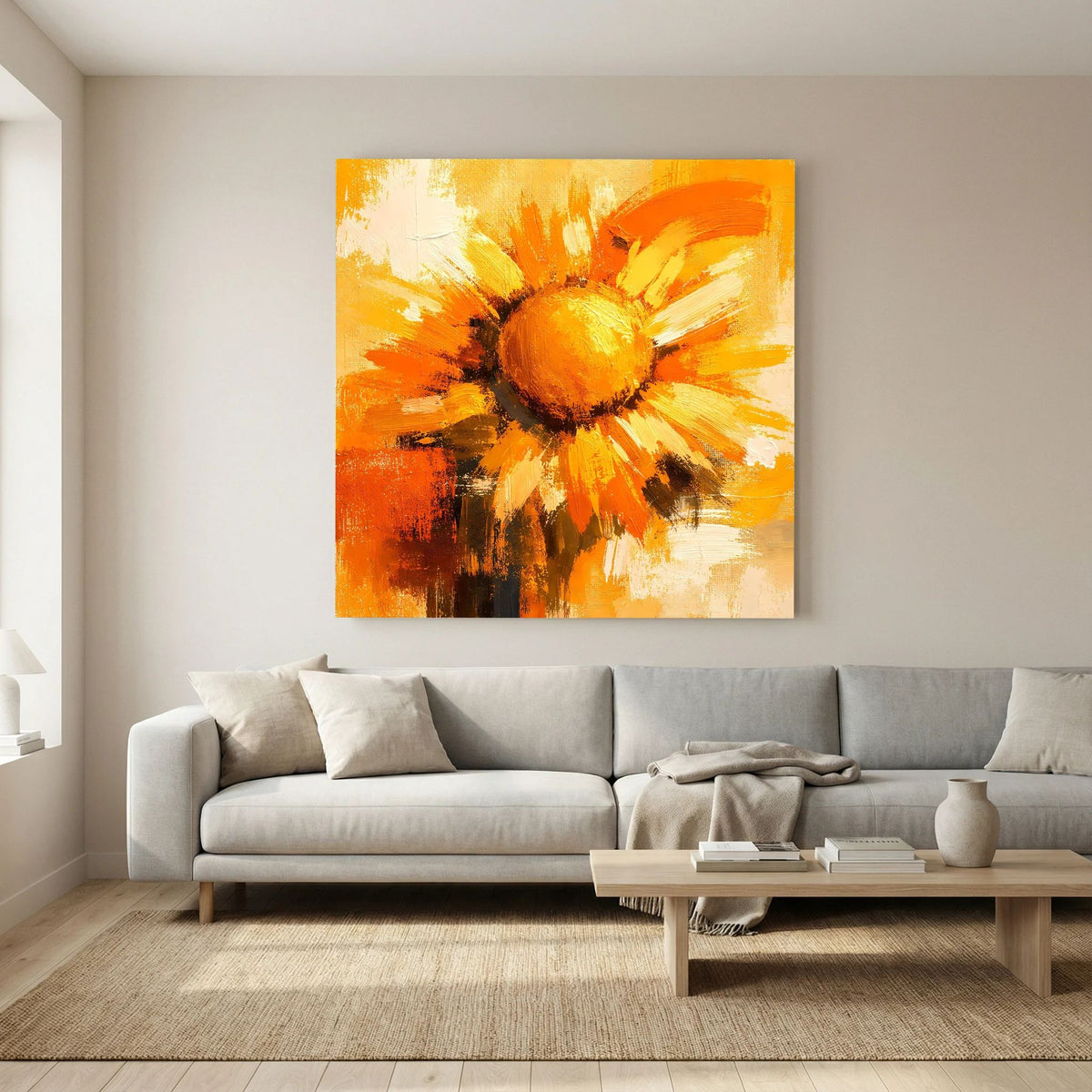 Leinwand Abstraktes Sonnenblumen Gemälde | Modernes Florales Wandbild Gelb Orange