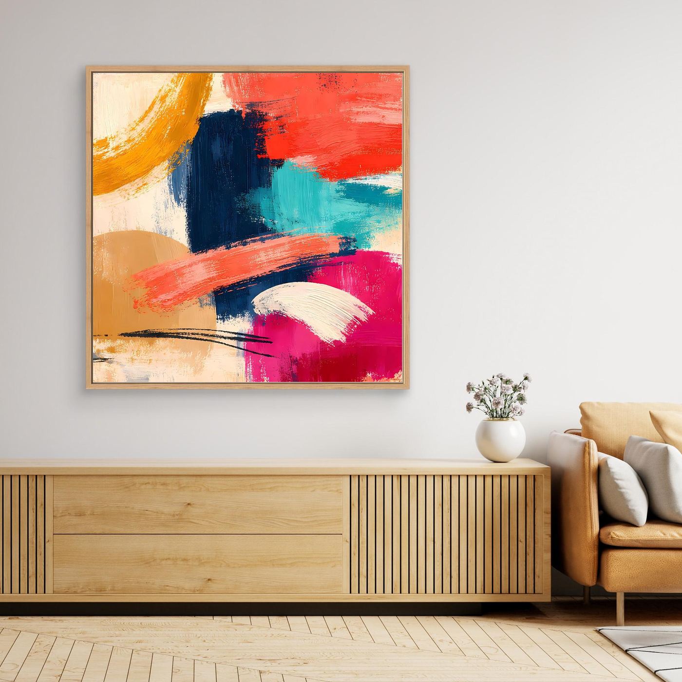 Quadratisches abstraktes Leinwand-Wandbild mit farbigen Pinselstrichen und Rahmen, in Rot und Blau
