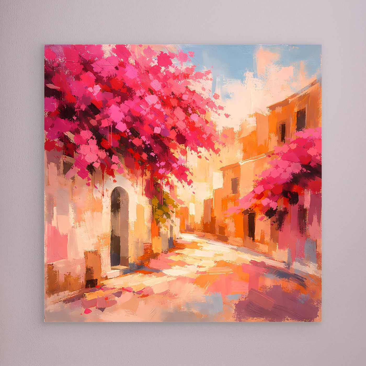 Leinwand Mediterrane Gasse im Blütenrausch | Abstraktes Italien Wandbild