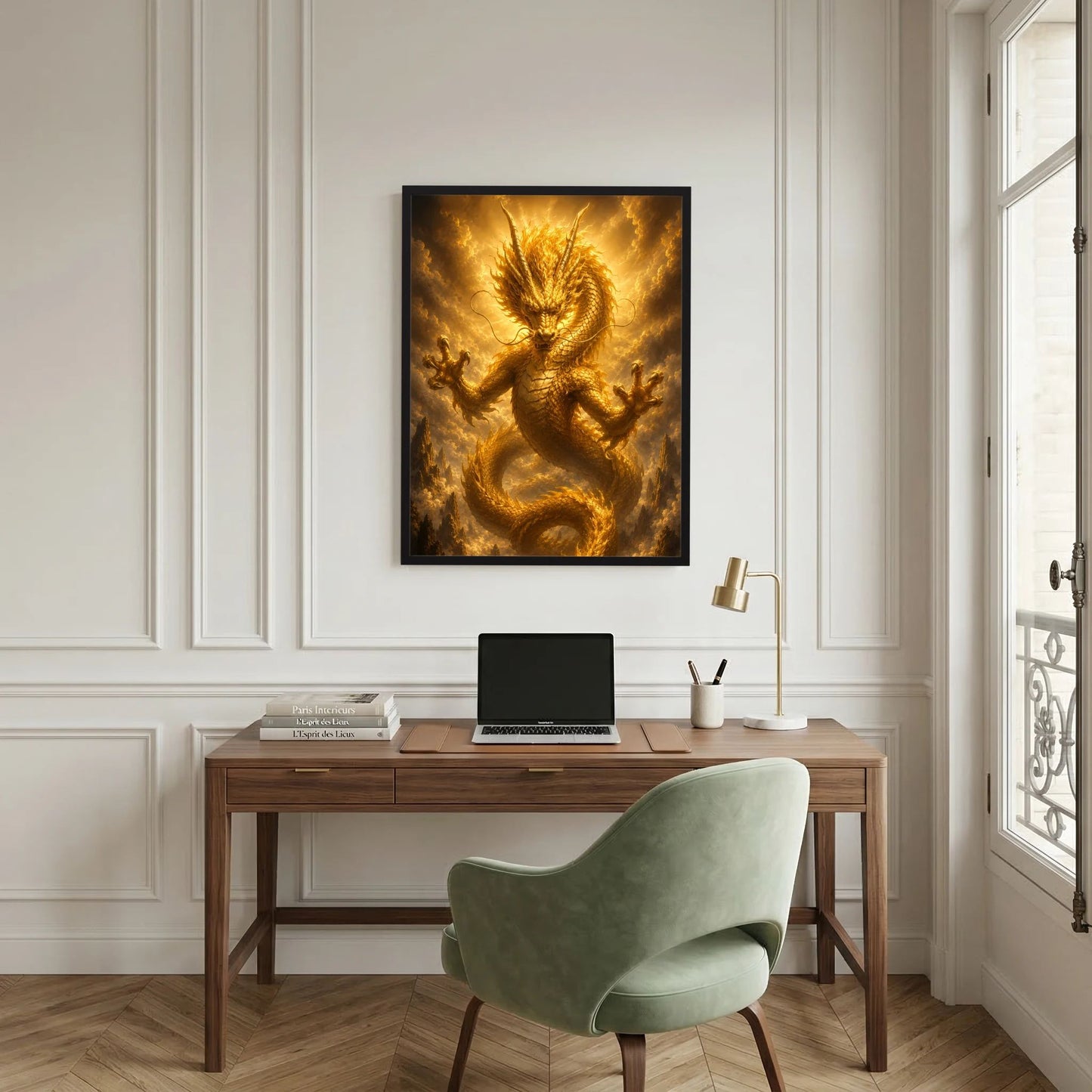 Gerahmtes Poster mit goldenem chinesischem Drachen, detaillierte Schuppenzeichnung