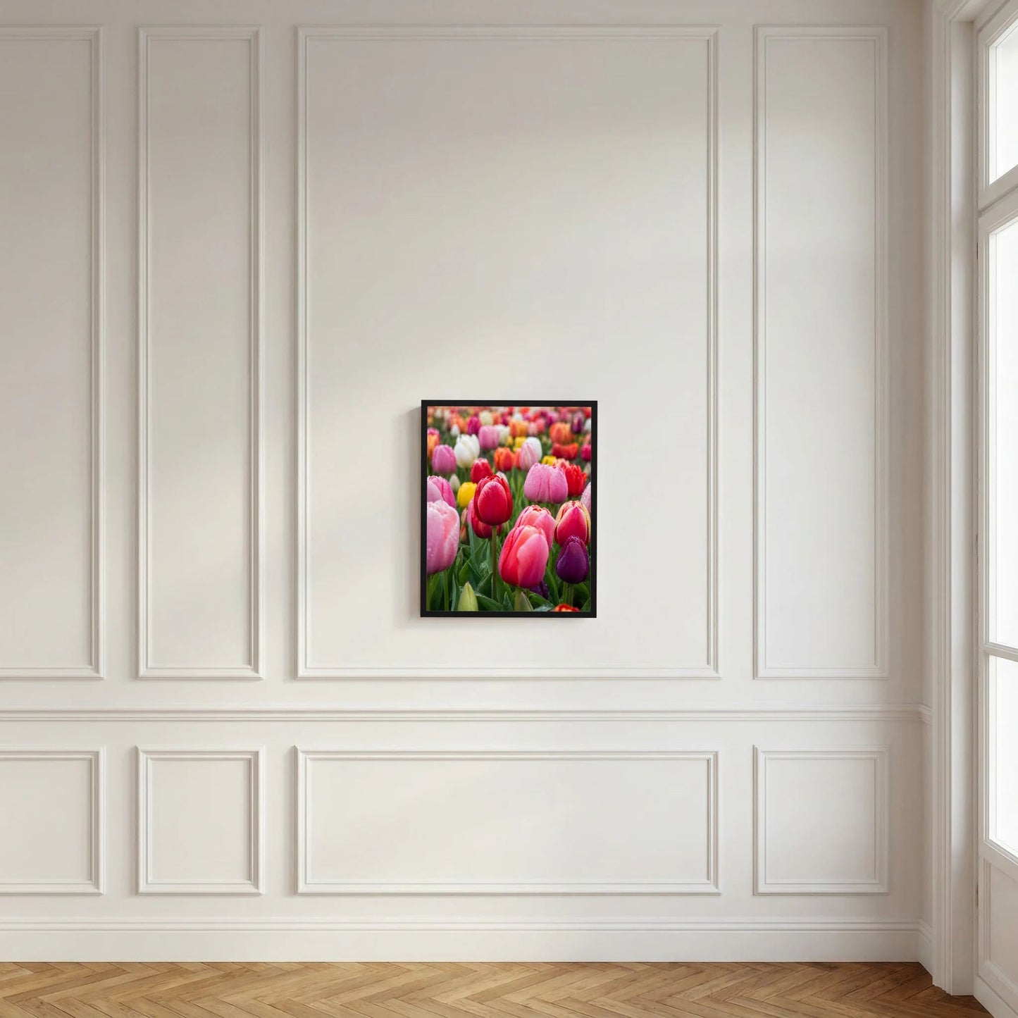 Gerahmtes Hochformat-Tulpenfeld-Poster mit bunten rosa-roten Tulpenblüten (schwarz)