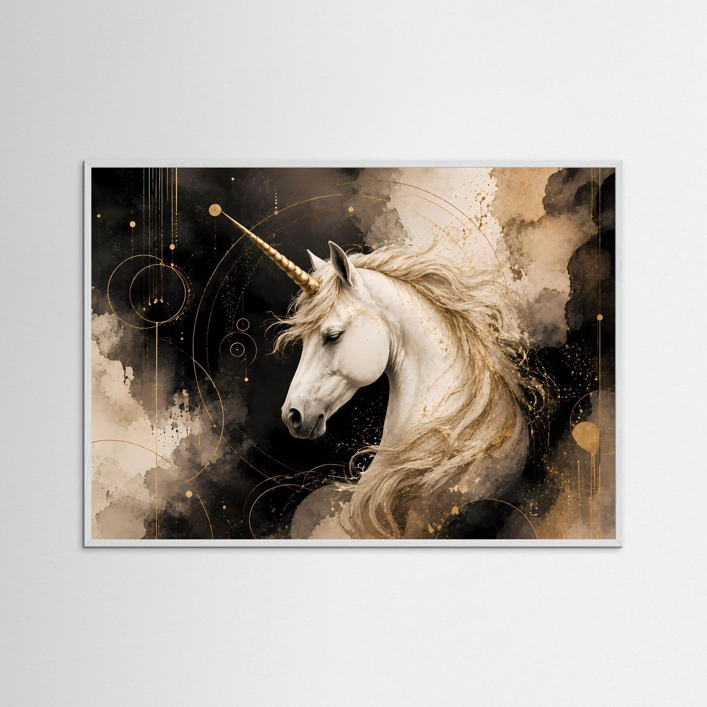 Poster im Querformat mit weißem Einhornkopf und goldener Fantasy-Illustration, weißem Rahmen