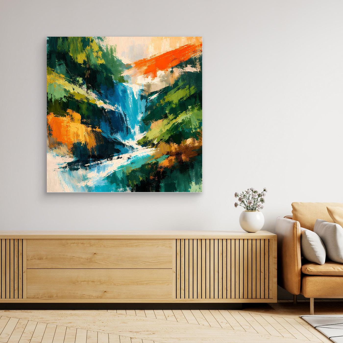 Abstraktes Leinwand-Wandbild mit Wasserfall-Motiv, ohne sichtbaren Rahmen