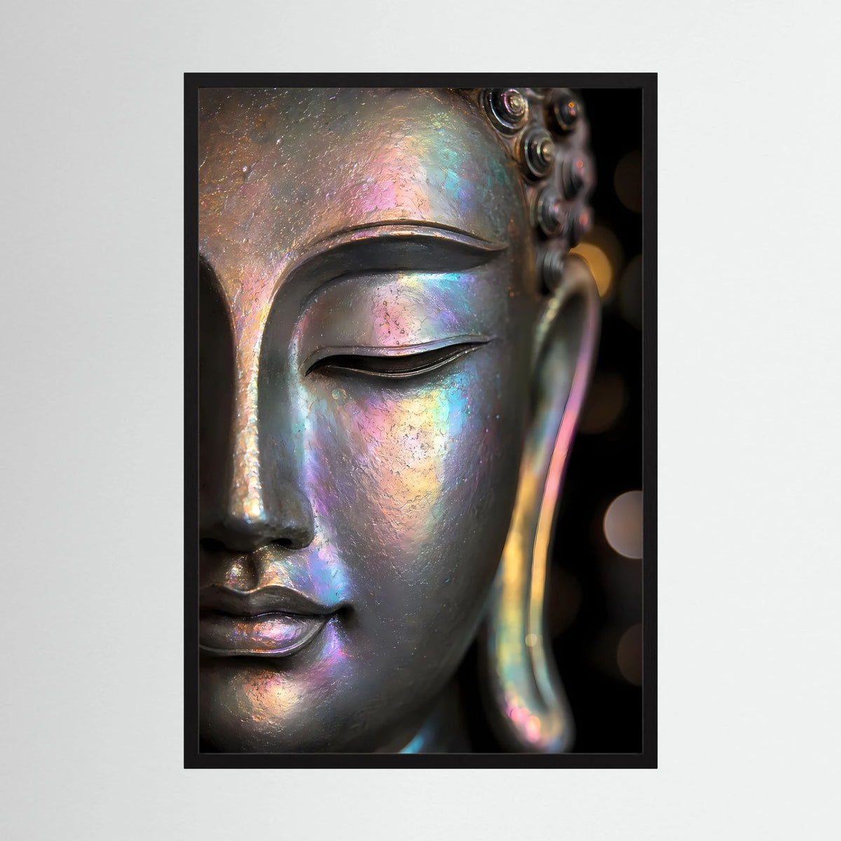 Kunstposter mit Buddha-Gesicht in irisierender Perlmutt-Optik, schwarzer Rahmen, Nahansicht