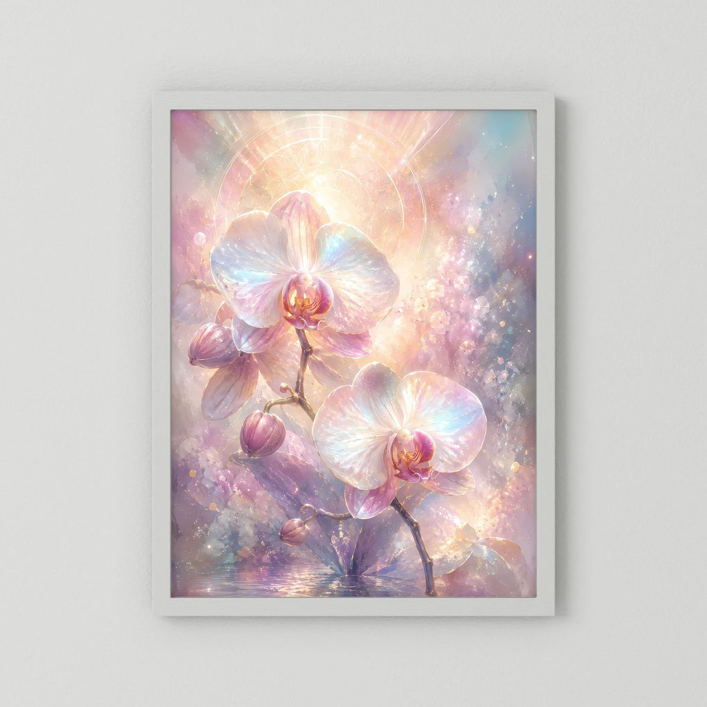 Hochformat-Orchideenposter mit pastellfarbenen Blüten im weißen Rahmen