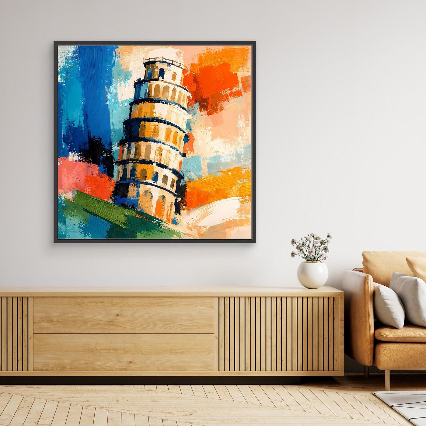 Framed abstract canvas wall art with a colorful lighthouse tower, black frame