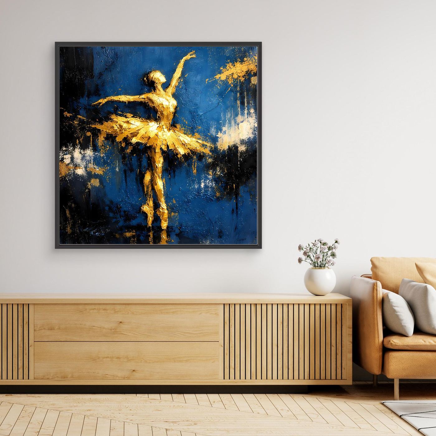 Leinwand Elegante Ballerina in Gold und Blau | Abstraktes Ballett Wandbild