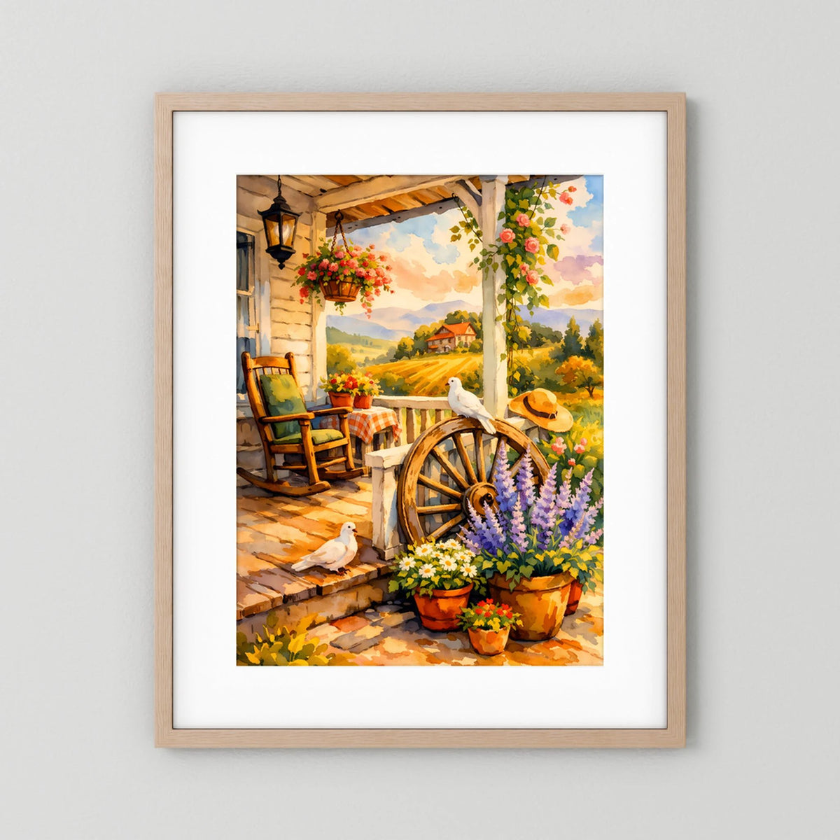 Kunstposter mit Veranda, Blumenampeln, Tauben und Holzrad, hellbrauner Holzrahmen