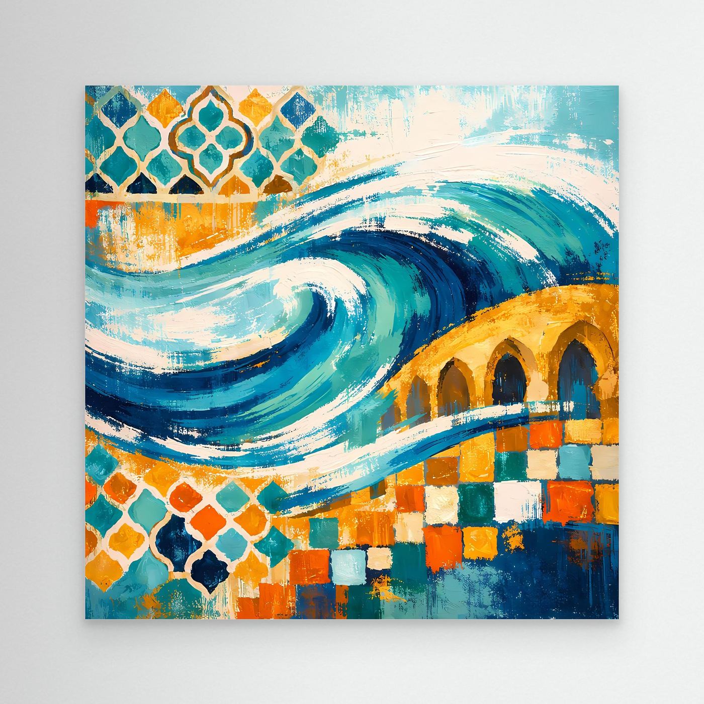Abstraktes Leinwand-Wandbild mit Mosaik-Ornament und Wellen in Türkis, Blau und Orange
