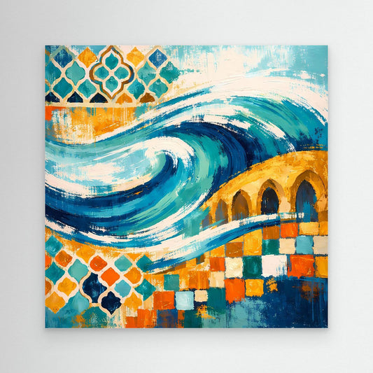 Abstraktes Leinwand-Wandbild mit Mosaik-Ornament und Wellen in Türkis, Blau und Orange