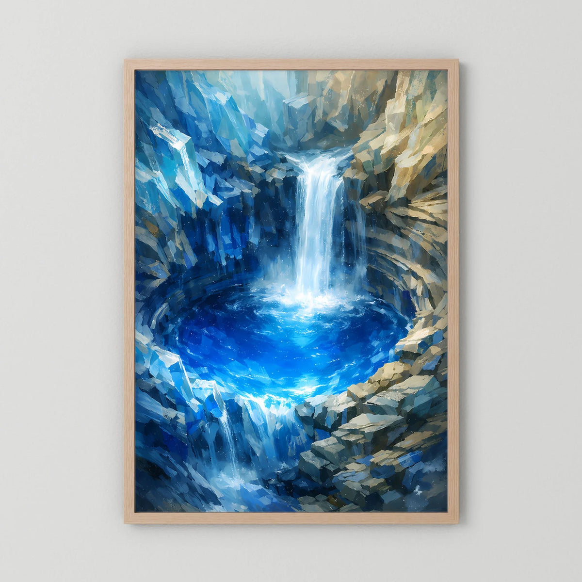 Poster im Hochformat mit abstraktem Wasserfall in Blau/Türkis, naturfarbener Holzrahmen