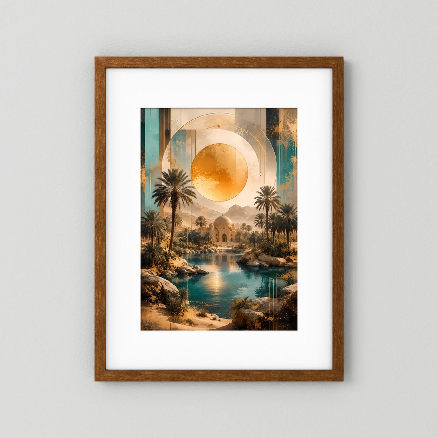 Hochformat-Poster mit Palmen, türkisfarbenem Fluss und goldener Sonne, eiche dunkel