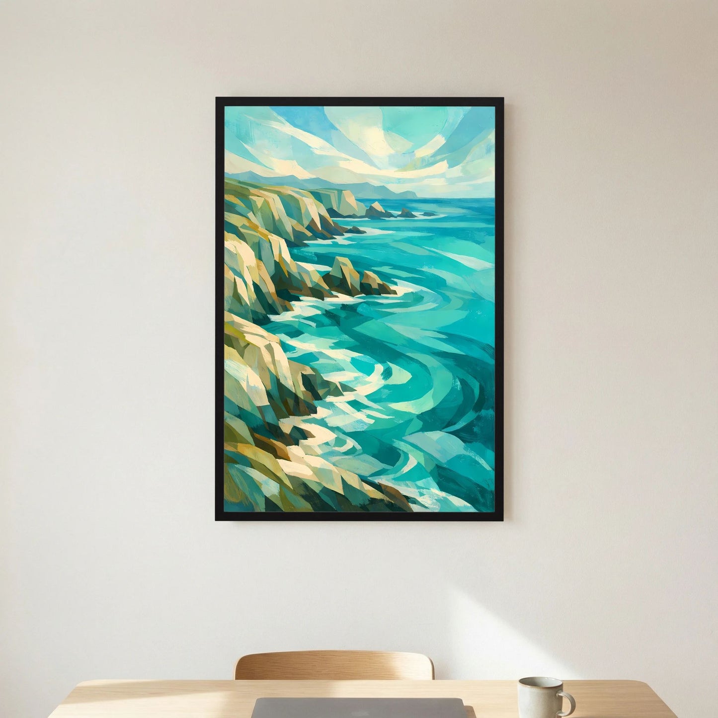 Poster Hochformat: türkisfarbene Wellen und Felsklippen, abstrakte Küstenlandschaft, schwarzer Rahmen