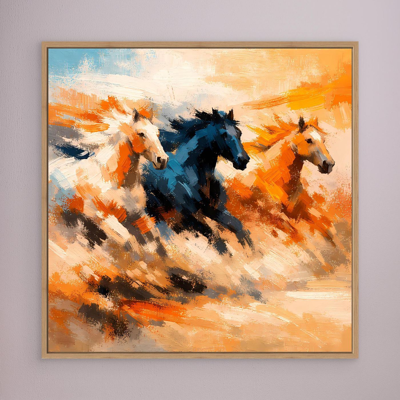 Premium Leinwand Wilde Pferde Galopp | Abstraktes Wandbild Dynamische Ölgemälde Optik