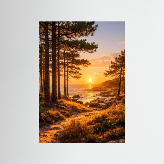 Küstenposter im Hochformat mit Pinienallee, goldenem Sonnenuntergang und Meer.