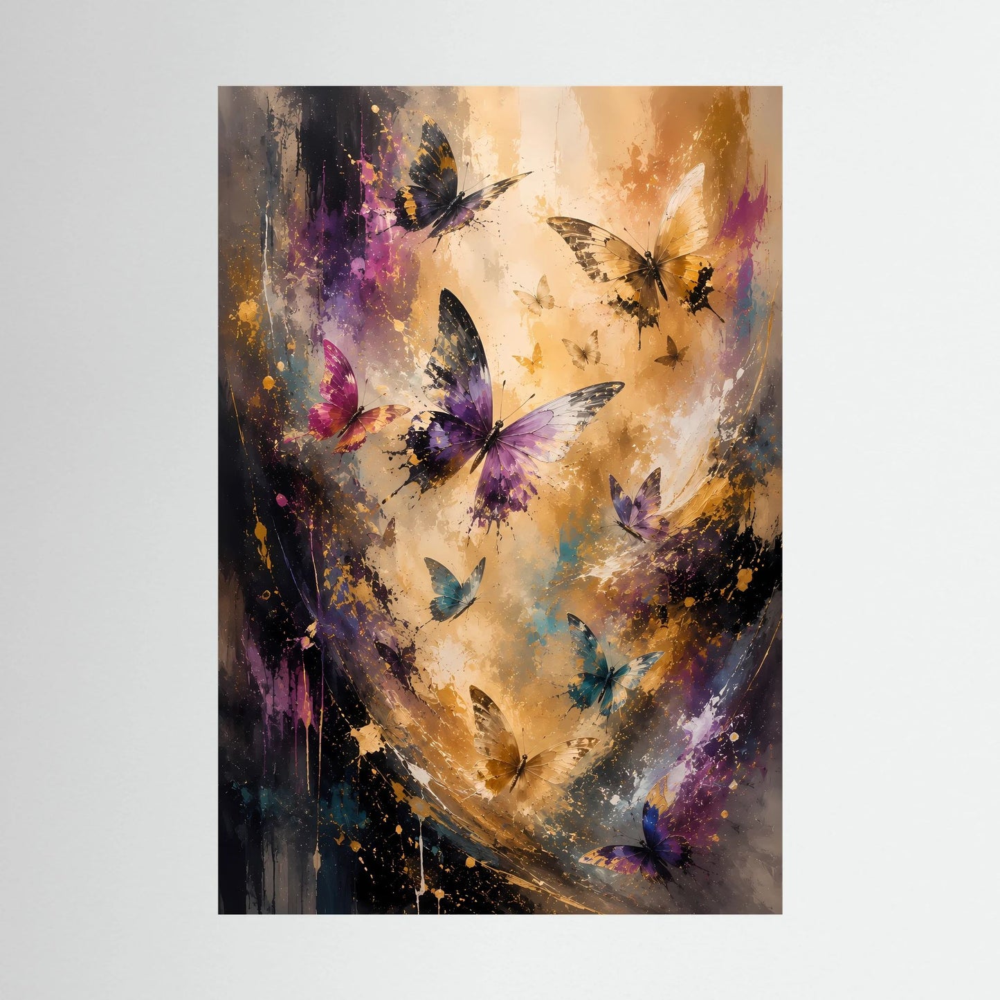 Poster mit abstrakten Schmetterlingen in Gold und Violett, dynamische Farbverläufe