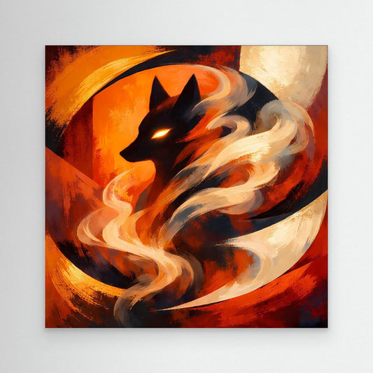 Leinwand-Wandbild mit schwarzem Wolfskopf und wirbelndem Feuernebel in Orange und Rot
