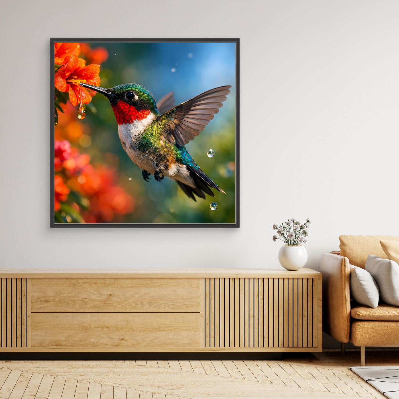 Leinwand Kolibri im Blütenrausch | Farbenfrohes Vogel Natur Wandbild