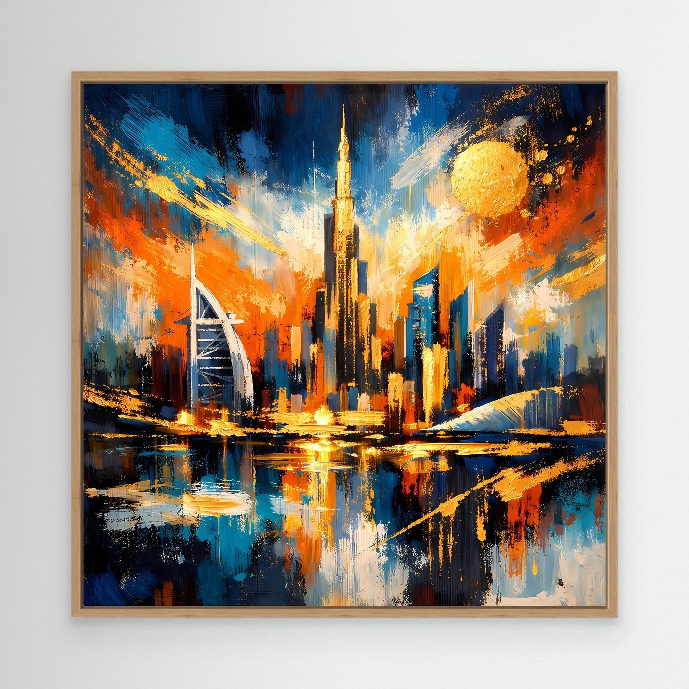 Gerahmtes Leinwandbild: abstrakte Dubai-Skyline in Blau und Gold, mit Holzrahmen.