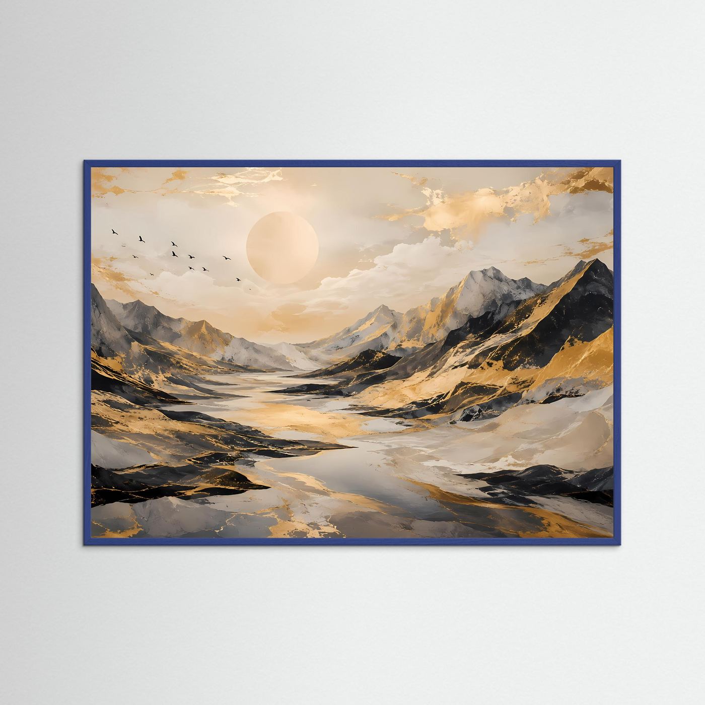 Abstrakte Berglandschaft mit Goldakzenten | Modernes Poster in Schwarz, Weiß & Gold | Edles Wandbild Querformat