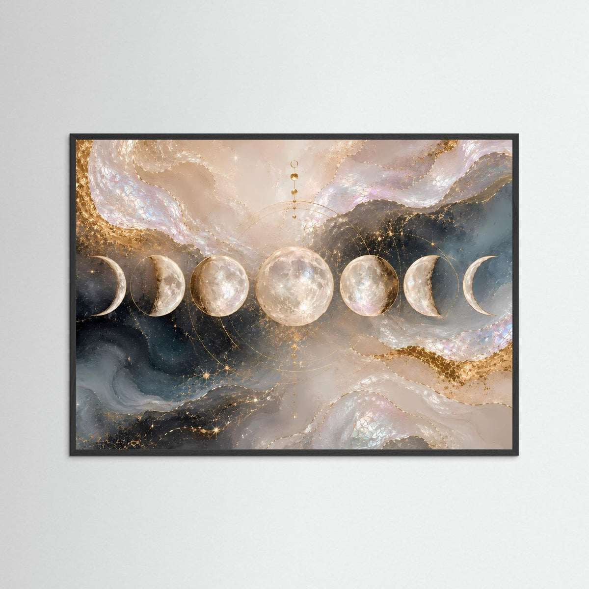Abstraktes Mondphasen-Poster im schwarzen Rahmen, Perlmutt-Gold, mehrere Mondsilhouetten