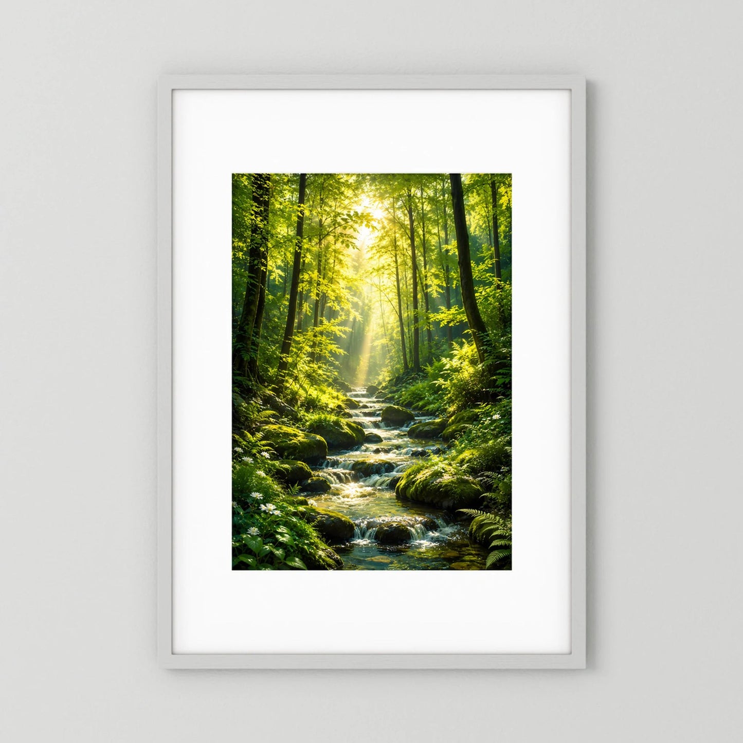 Hochformat-Poster mit Waldbach und Sonnenstrahlen im grünen Wald