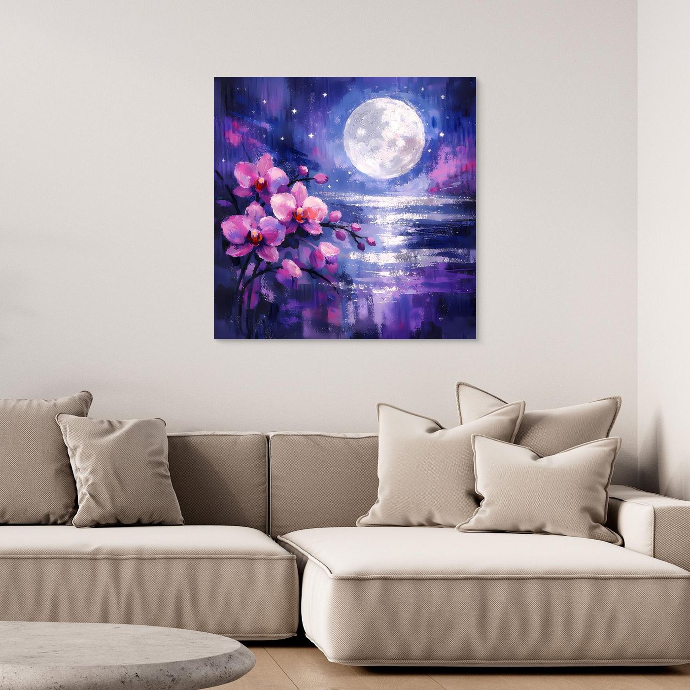 Leinwand-Wandbild mit rosa Orchideen, Mond und violettem Wasser, rechteckig