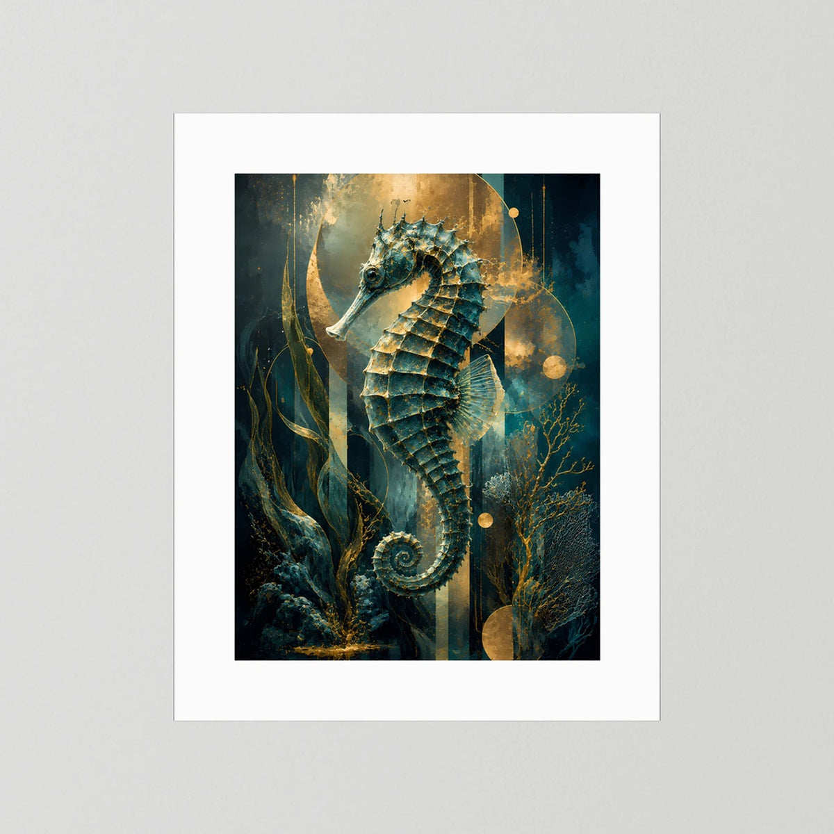 Poster mit Seepferdchen-Motiv in Petrol und Gold, weißer Einrahmung