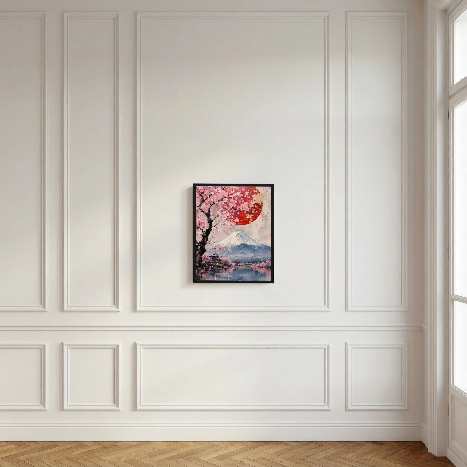 Kleines Poster im schwarzen Rahmen mit Kirschblüten, Fuji und roter Sonne