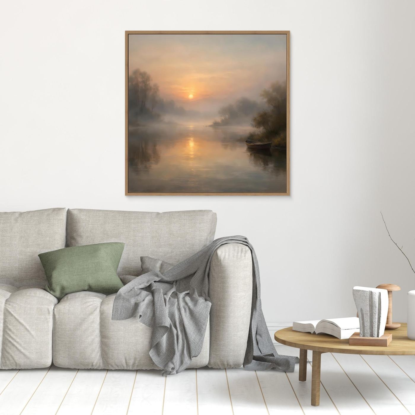 Leinwandbild mit Holzrahmen: nebliger Flussmorgen, Sonnenaufgang, Boot im Wasser