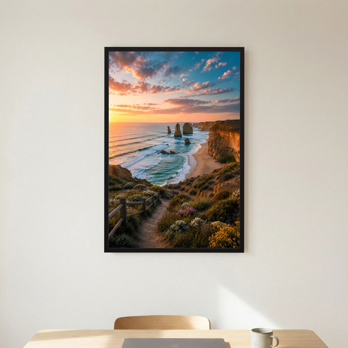 Hochkant-Poster mit Küstenlandschaft bei Sonnenuntergang, schwarzer Bilderrahmen