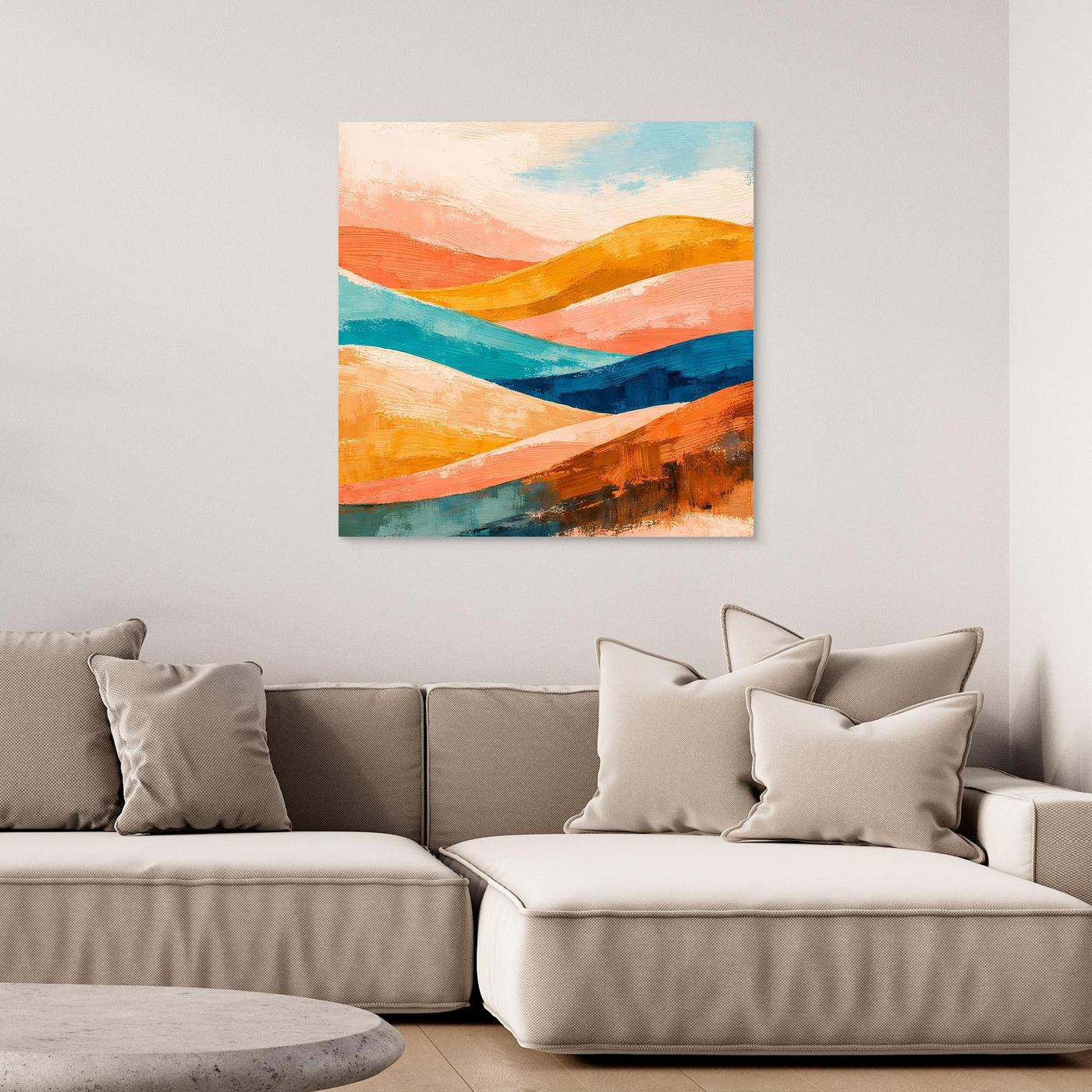 Unframed canvas wall art with abstract orange, teal, and blue rolling hills