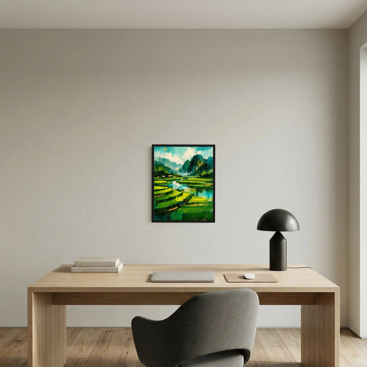 Gerahmtes Grünes Landschafts-Poster mit Fluss und Wiesen im Wohnraum