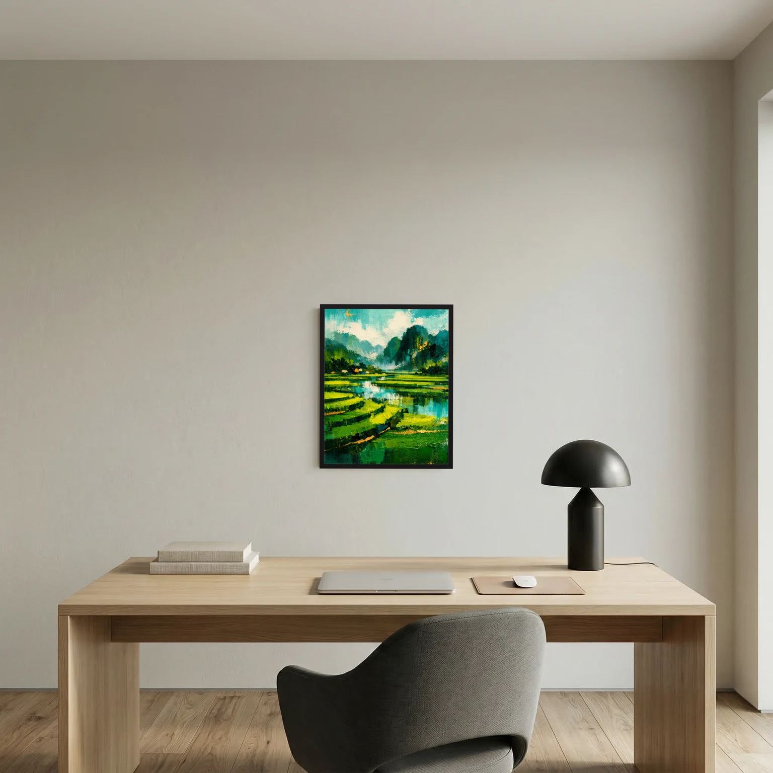 Gerahmtes Grünes Landschafts-Poster mit Fluss und Wiesen im Wohnraum