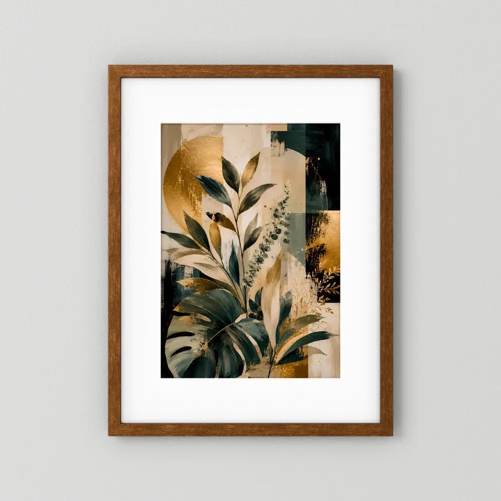 Kunstposter mit Blättern in Gold und Grün, brauner Holzrahmen mit weißem Passepartout