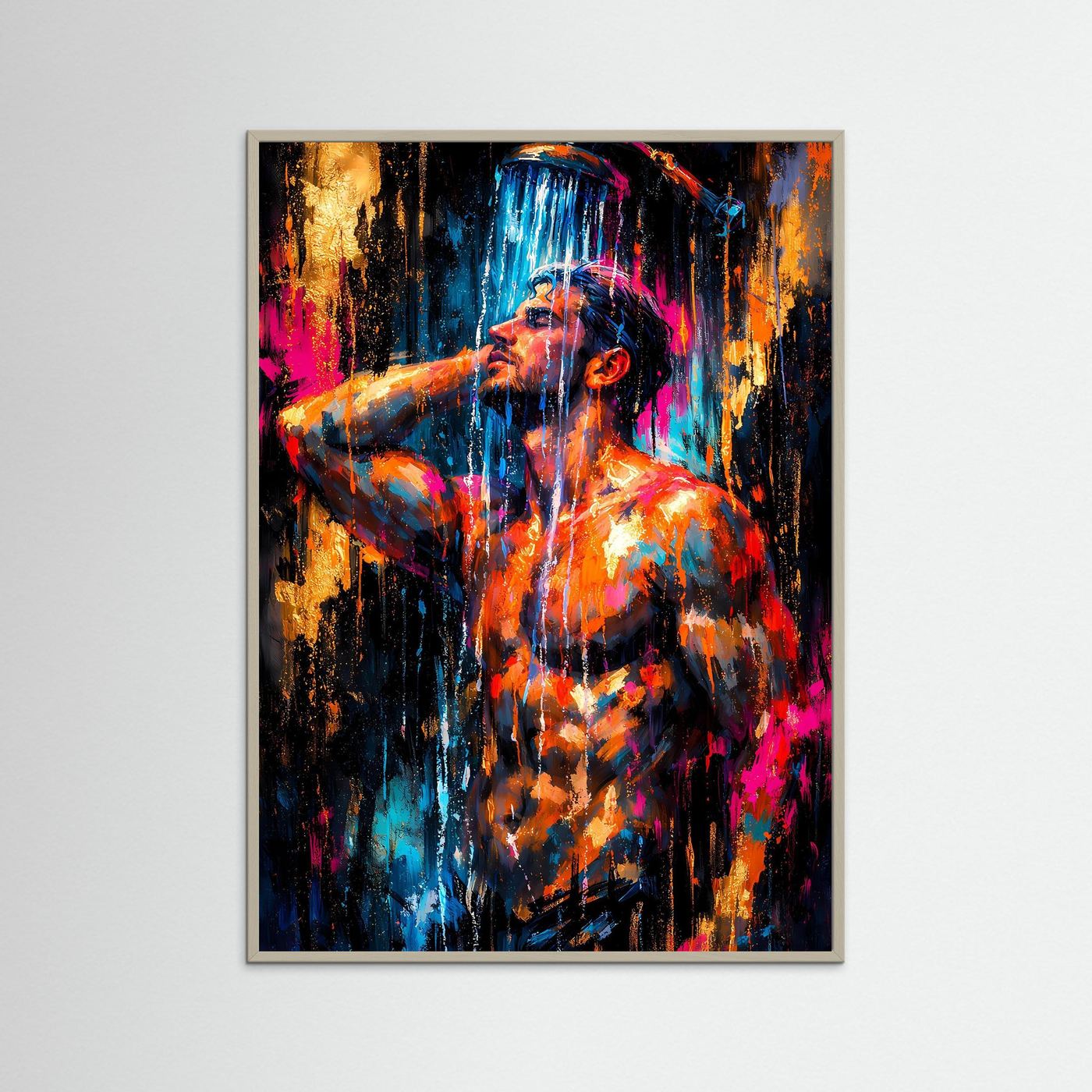 Hochformatiges Kunstposter mit grauem Holzrahmen, abstrakter Akt unter der Dusche