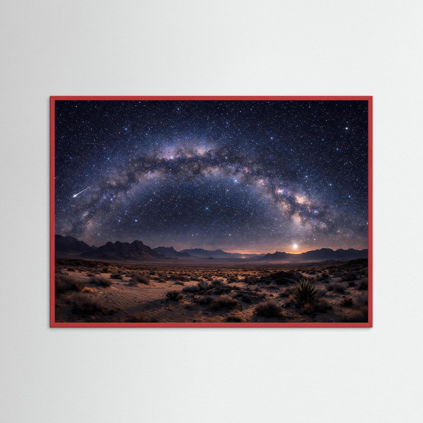 Wandbild mit Milchstraße über Wüste, roter Holzrahmen