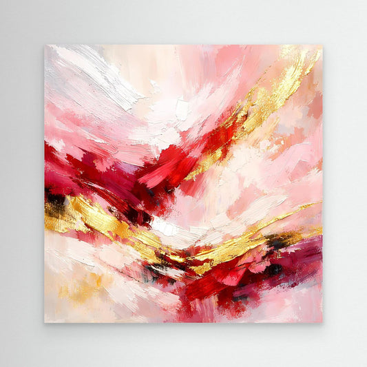 Abstraktes Leinwandbild mit rosa, roten und goldenen Pinselstrichen, ohne Rahmen