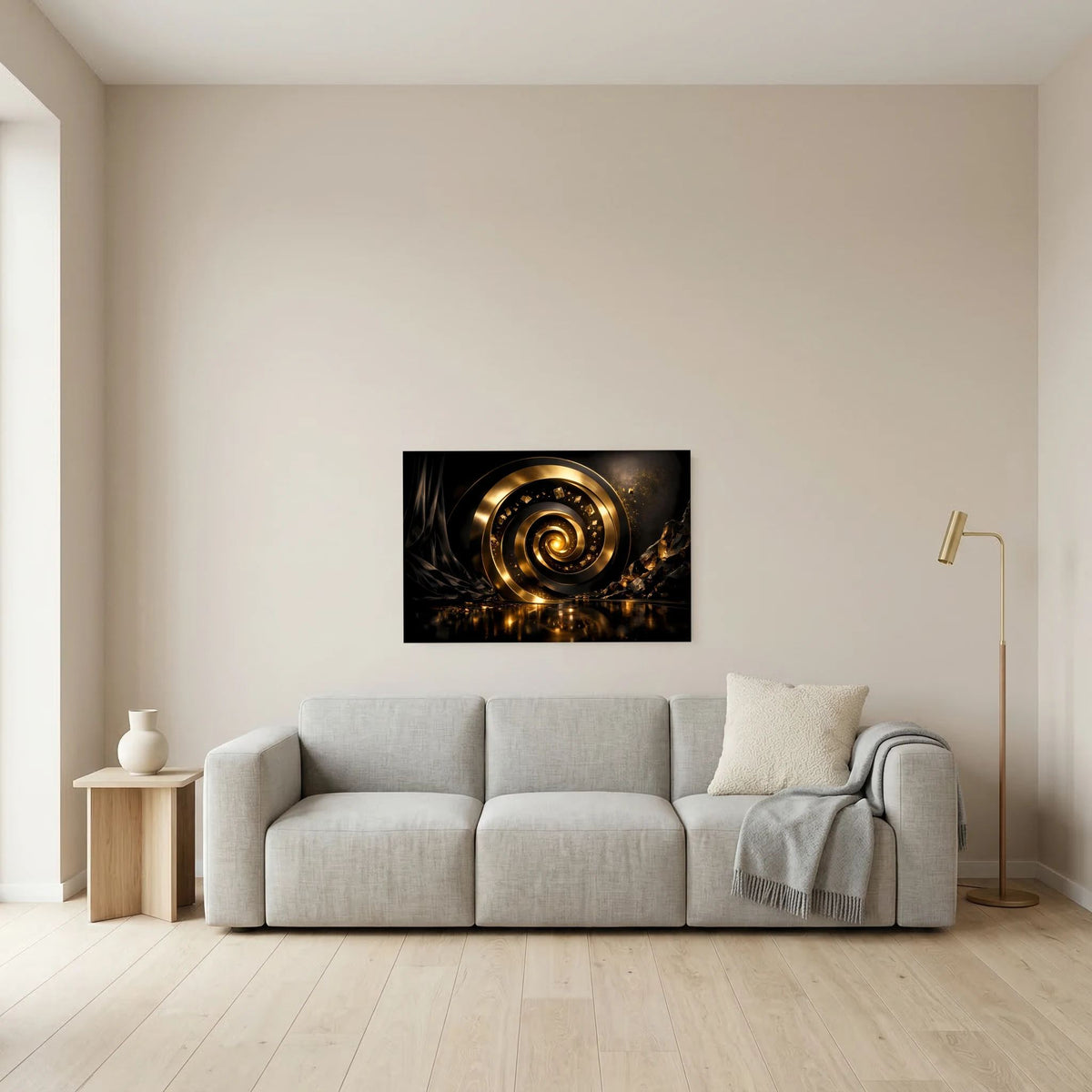 Wandbild mit goldener 3D-Spirale und dunklen Wirbelstrukturen