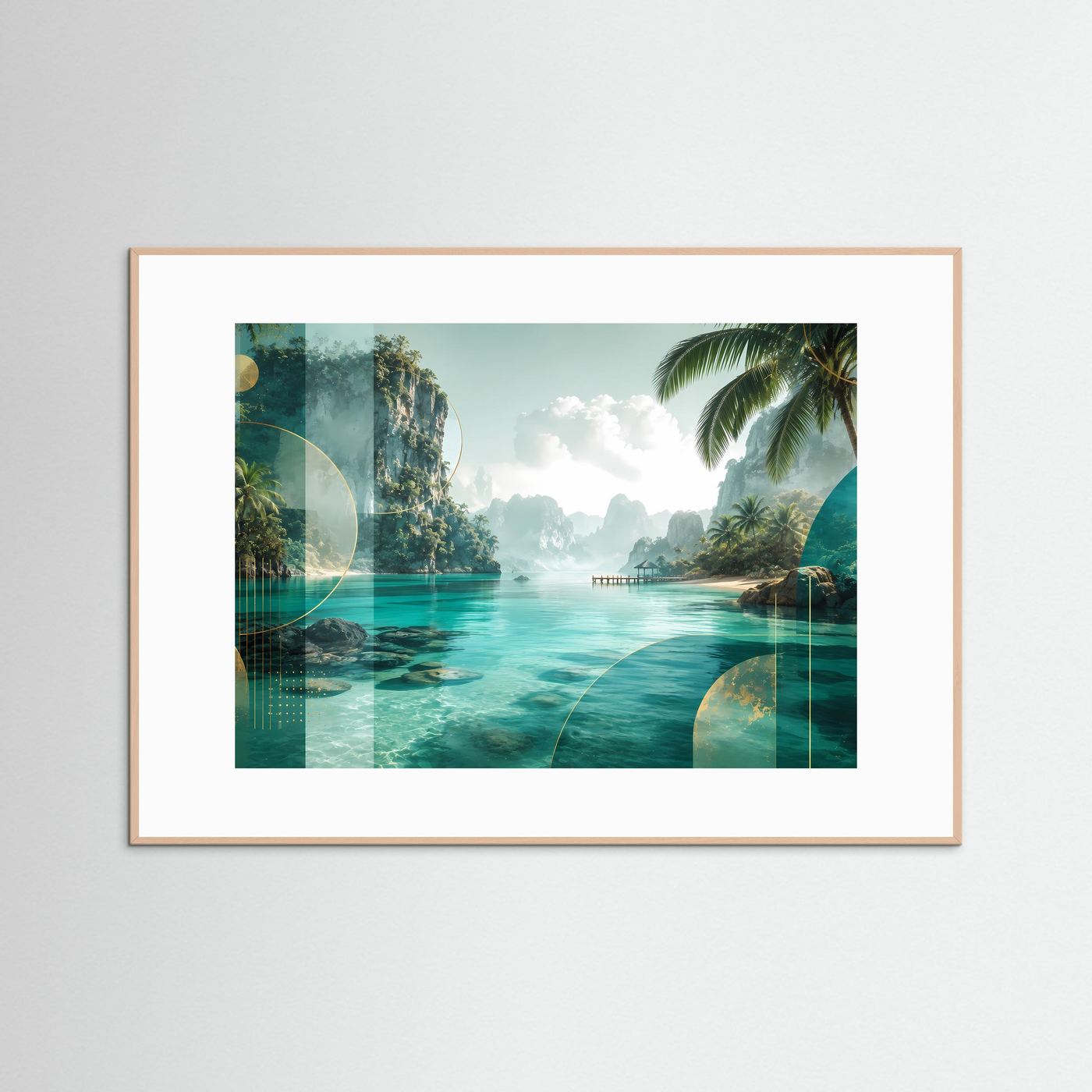 Querformatiges Tropen-Lagunenposter mit türkisfarbenem Wasser, hellbrauner Holzrahmen