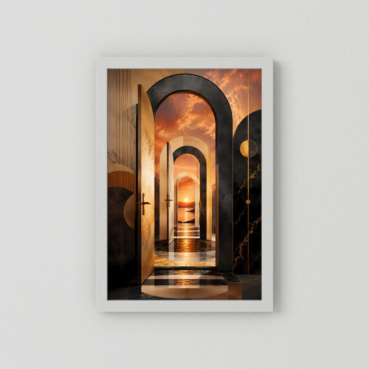 Poster im Hochformat mit hellem Rahmen, surrealer Fluransicht mit warmen Orange-Tönen