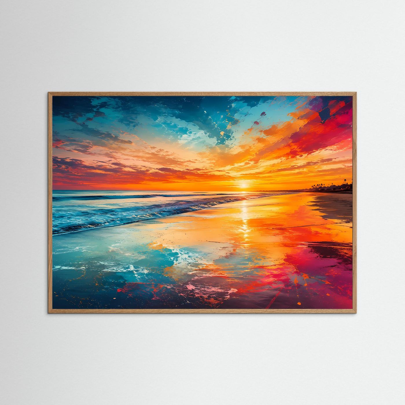 Sonnenuntergang am Strand Poster | Farbenfrohes Meerespanorama Wandbild | Moderne Küstenlandschaft mit leuchtendem Himmel