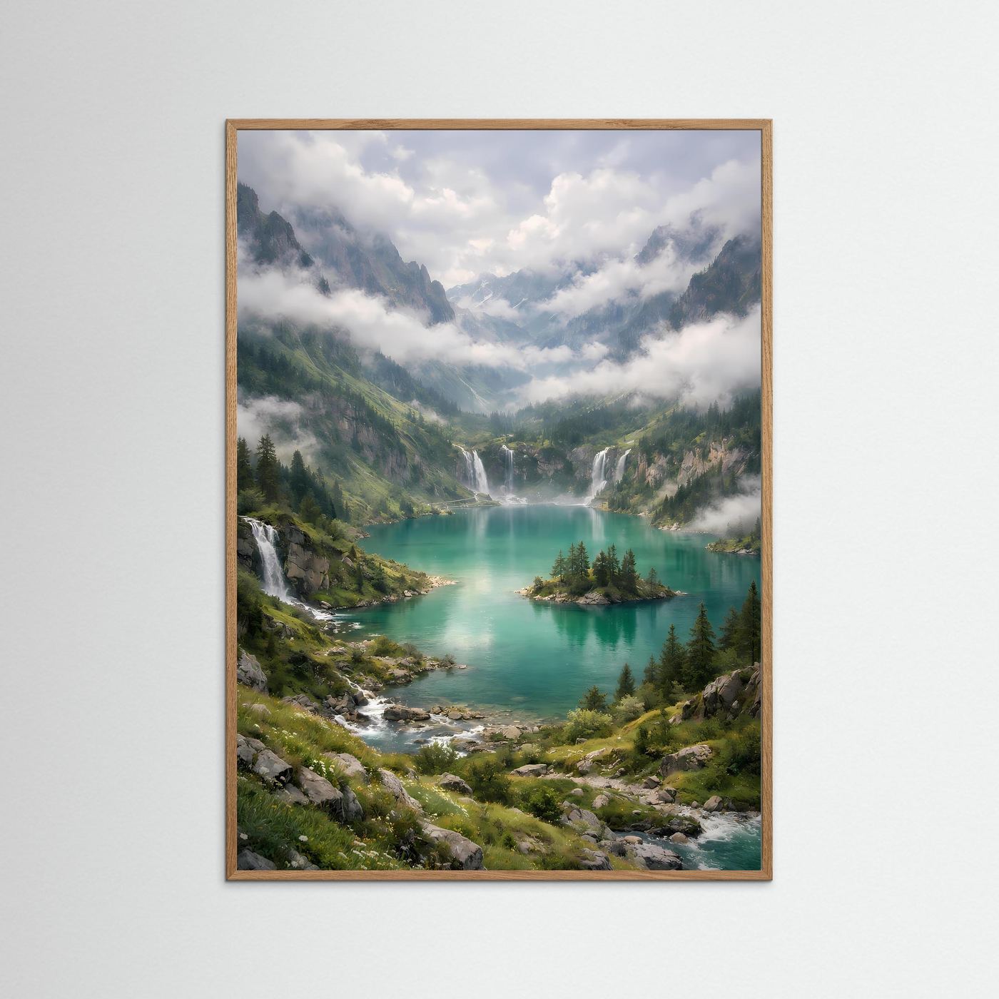 Poster im Hochformat mit türkisgrünem Bergsee und Wasserfall, hellbrauner Rahmen