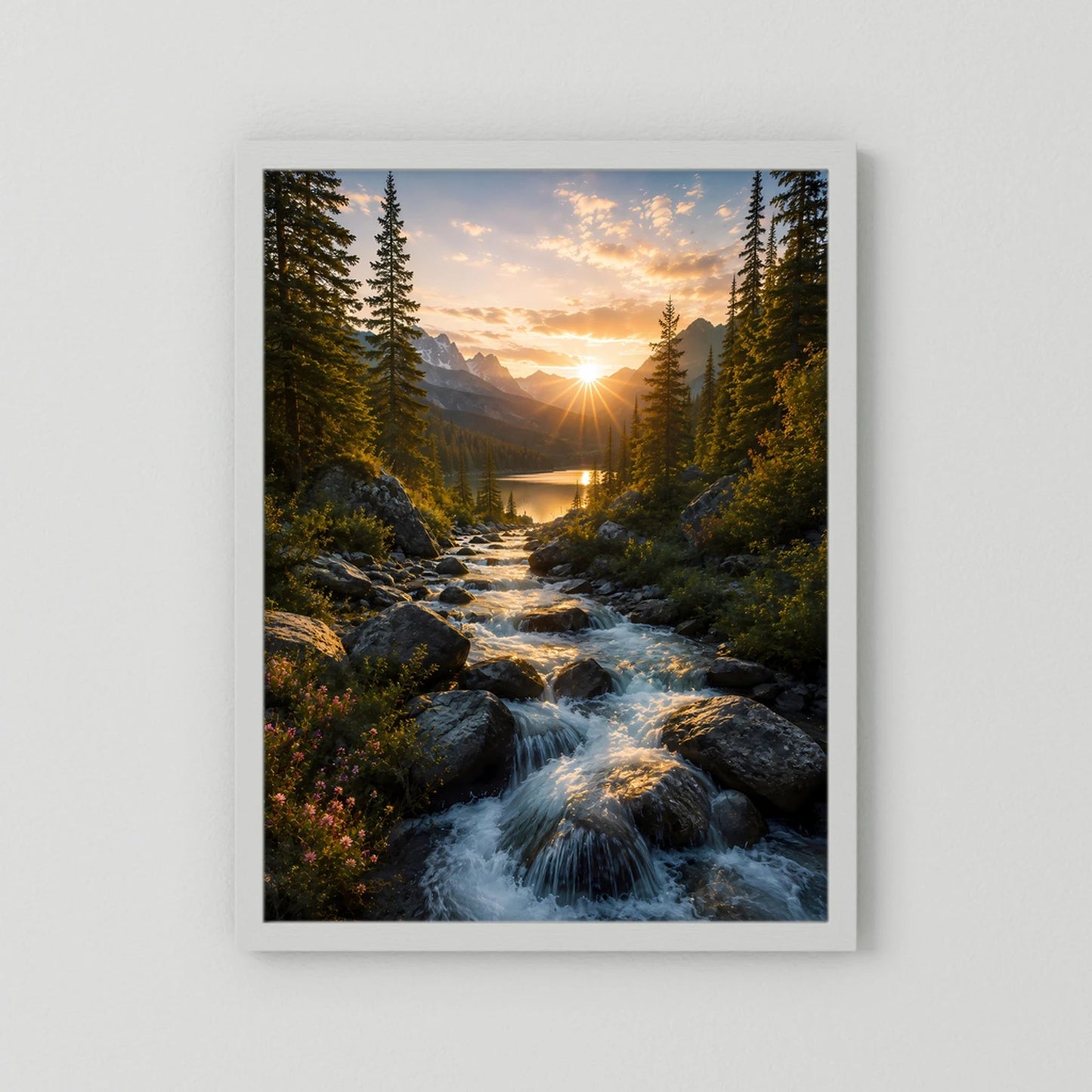 Hochformat-Poster mit hellem Rand: Bach zwischen Felsen und Tannen, Sonne im Dunsthimmel.