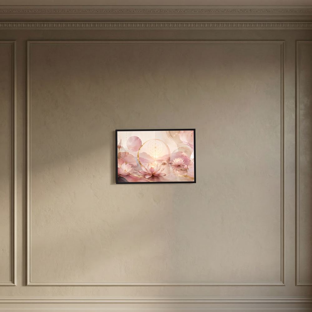 Gerahmtes Querformat-Poster mit rosa Lotusblüten, goldenen Ringen und geometrischem Design