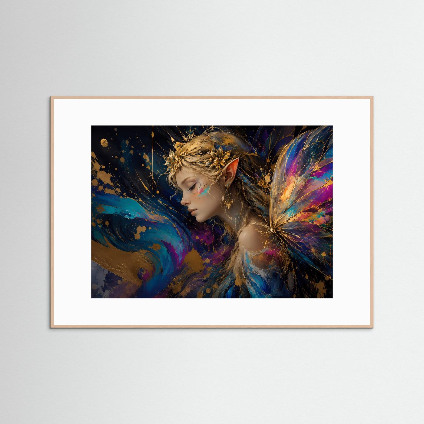 Fantasy-Poster mit Elfe in leuchtenden Farben, goldblondes Haar im naturfarbenen Rahmen
