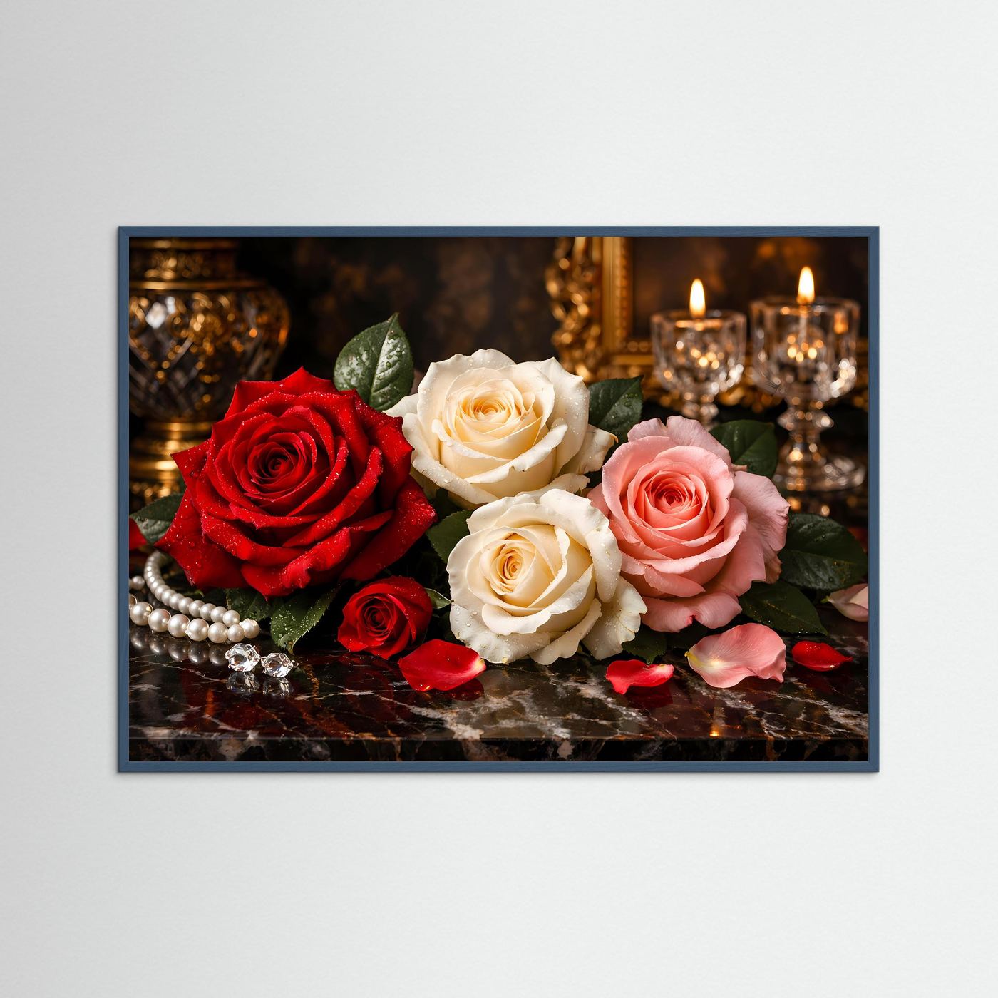 Blumenposter mit Rosen (rot, weiß, rosa), Kerzen und Perlen; grauer Rahmen